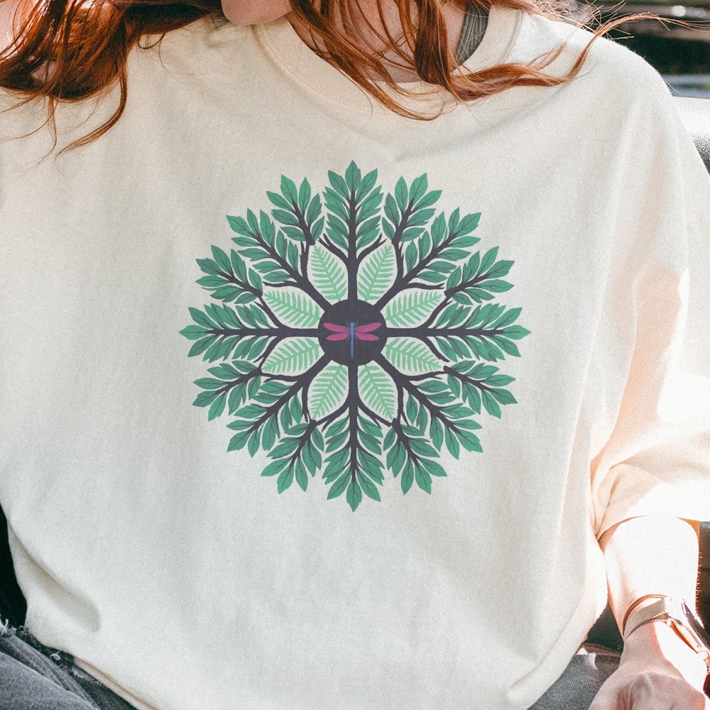 Dragonfly Resting in a Branching Leaf Mandala Tee